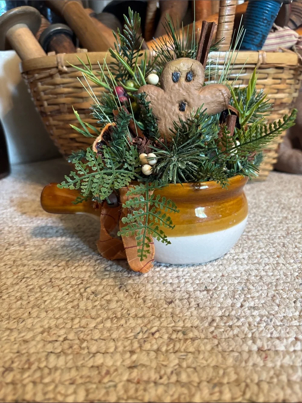 Handcrafted Holiday Gingerbread Arrangement in Amber and White Ceramic Pot